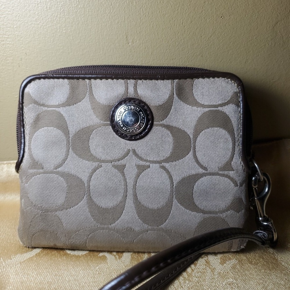 Coach Small Wristlet Womens Khaki Brown Signature C Jacquard Wallet Pouch Bag